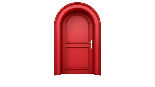 Red arched door interior design element entrance access home improvement front door isolated object isolated on transparent background	