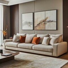 Modern beige sofa with warm color accents and abstract art.  Spacious living room
