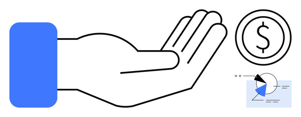 Open hand extended toward currency coin and analytic chart. Ideal for finance, economy, donation, budget, investment, profitability, charity concepts. Clean flat simple metaphor