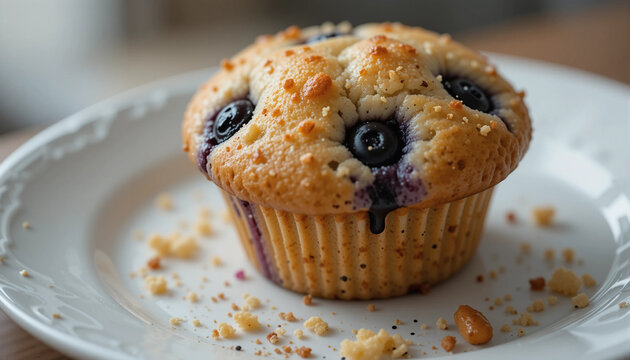 Delicious Blueberry Muffin on Plate: A close-up image of a freshly baked blueberry muffin, golden-brown, and brimming with juicy blueberries, resting on a white plate.