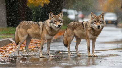Obraz premium Wolves in the Rain: An Unexpected Encounter