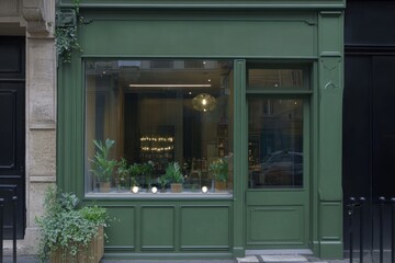 Charming urban shopfront with greenery in a city setting, showcasing a welcoming atmosphere and vibrant plants in the window display