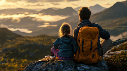 Obraz premium A father and daughter enjoy a picnic during a mountain hike