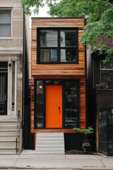 Modern wooden house with bright orange door nestled between classic brick buildings in an urban neighborhood during daytime