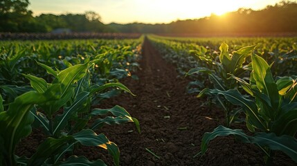 Naklejka premium Lush cornfield at sunset. Young corn plants thrive in rows, bathed in golden sunlight. Dark rich earth provides a fertile base