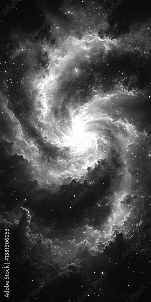 Poster a swirling vortex of celestial clouds and starlight, rendered in monochrome. a dramatic and ethereal