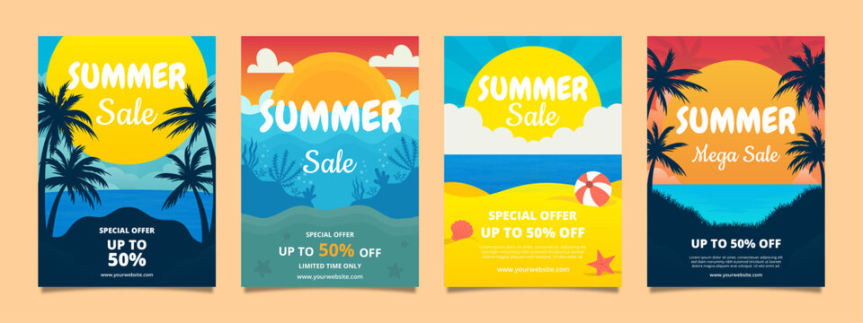 Summer sale promotion poster and flyer collection. Tropical beach discount templates for seasonal offers and special deals. Set of posters for summertime with coconut trees and a beach scene.