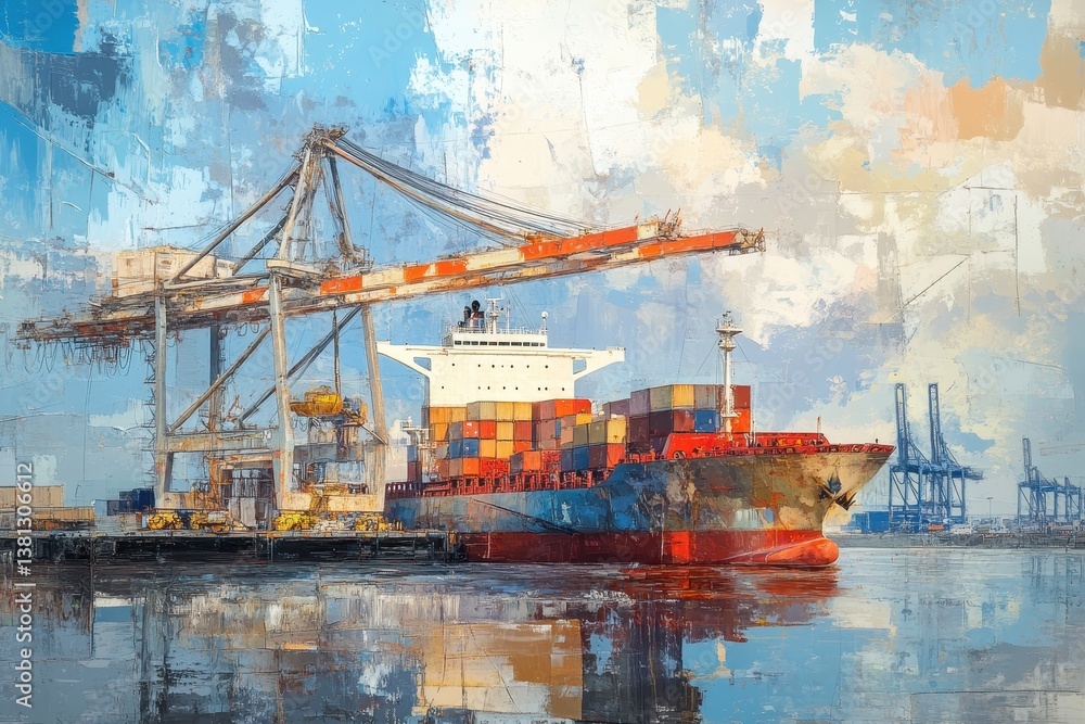 Poster container cargo freight ship with working crane bridge in shipyard for container cargo freight ship 