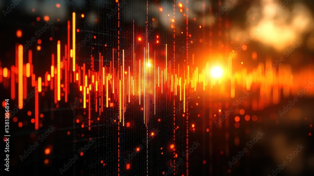 Poster abstract digital audio waves: fiery orange and red spectrum visualization