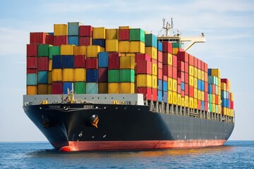 Container Cargo freight ship with working crane bridge at Container Cargo freight ship with working crane bridge in the sea for Logistic Import Export background .