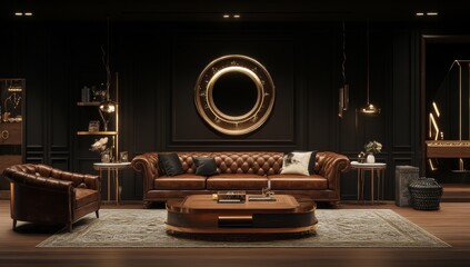 Luxurious, dark-toned living room with leather furnishings and a ship's porthole mirror
