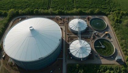 View from above  green biogas facility.  Field storage tanks.  A facility for renewable energy in an agricultural environment.  efficient production and environmentally friendly infrastructure.  Moder