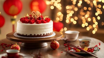 A festive setting with a Chinese New Year cake accompanied by traditional teas and fortune symbols