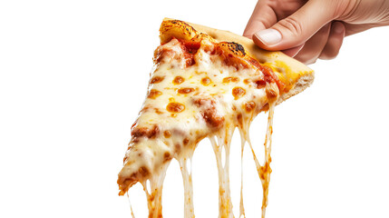 A hand lifts a slice of freshly baked cheese pizza, showcasing its delectable layers of melted mozzarella and savory sauce, cheesy pizza isolated on a transparent background
