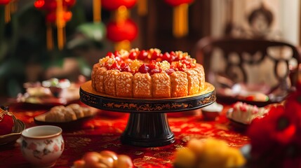 A warm and inviting table scene featuring a Chinese New Year cake surrounded by festive decorations