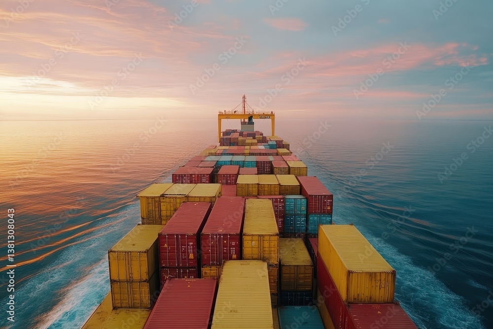 Poster container cargo freight ship with working crane bridge at sunset for container cargo freight ship wi