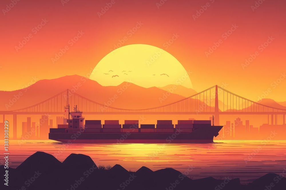 Poster container cargo freight ship with working crane bridge at sunset for container cargo freight ship wi