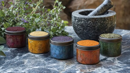 Aromatic Spice Jar Collection Displayed with Mortar and Pestle