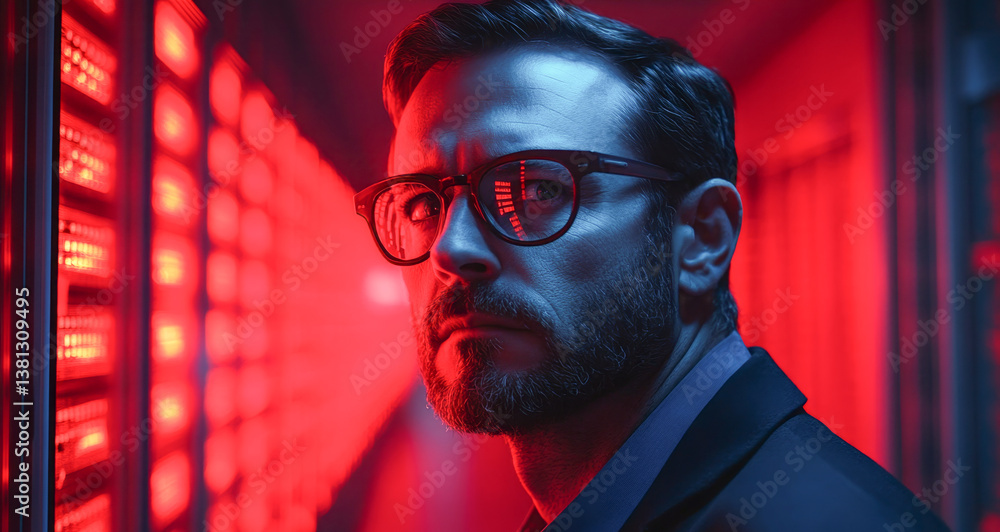 Aufkleber a man wearing glasses stands in a brightly lit environment, focused on completing a banking transact