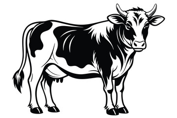 Fototapeta premium Holstein Cow Standing, Black and White Farm Animal with Horns