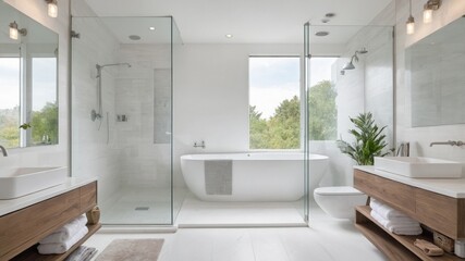 Sleek Modern Bathroom with Freestanding Tub, Walk in Shower, and Wooden Cabinets
