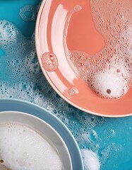 Colorful dirty dishes in soapy water with bubbles in kitchen sink
