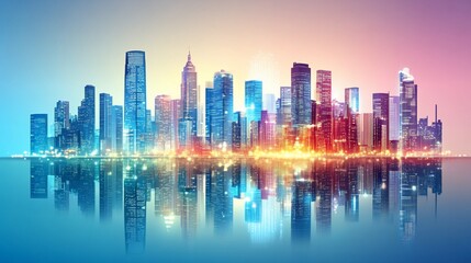 Fototapeta premium Night cityscape reflection, urban skyline, harbor, lights