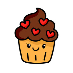 Cute Chocolate Cupcake with Heart Toppings and Smiling Face, Ideal for Valentine’s Day, Sweet Treats, and Dessert Designs for Various Projects