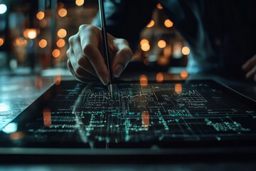 Hand drawing formulas on digital tablet in dark lab