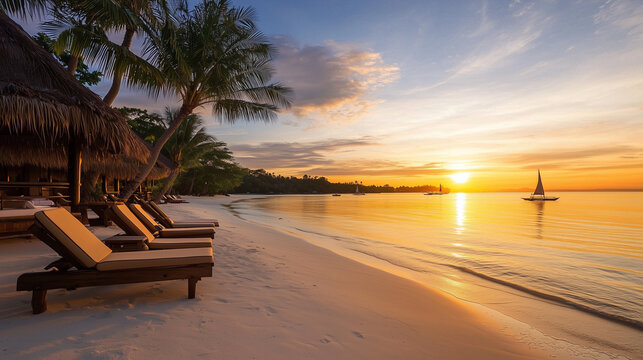 Golden sunset over calm waters and sandy beach