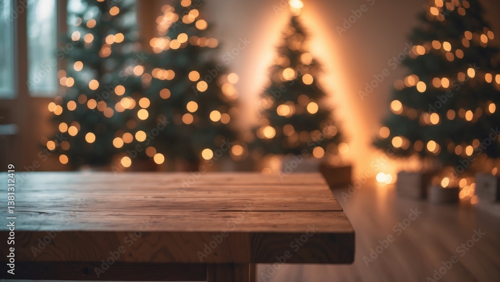 Poster christmas background with a table and empty space on a decorated frosty window interior.