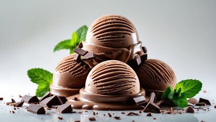Chocolate Ice Cream Scoops isolated on a background. Close-up of chocolate ice cream with a mint leaf. Collection.