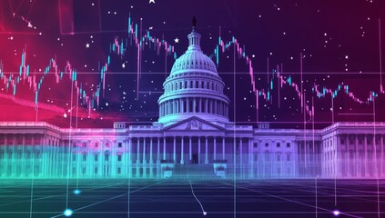 The US Capitol Building with financial graphs overlaid, suggesting a connection between politics and the economy. Focus on finance and government.