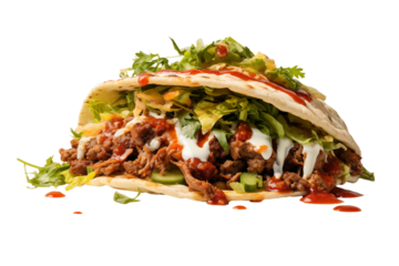 A delicious gyro filled with meat, lettuce, and sauces on a  close up view on transparent background png