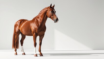 Obraz premium Chestnut stallion standing alone against a backdrop.