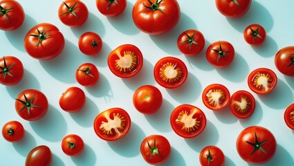 Fototapeta premium cherry tomatoes whole and cut in halves on a white isolated background, aerial view