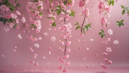Fototapeta premium Cherry blossoms flowers drifting on a pink backdrop. Minimal lifestyle aesthetic idea.