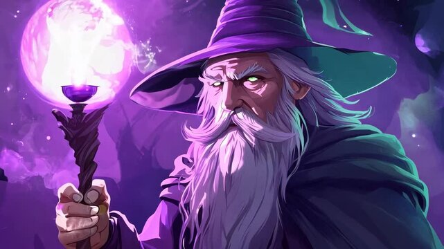 Fantasy wizard with glowing purple staff and mystical aura in dark magical forest background