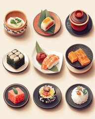 A charming isometric set of 9 iconic Japanese fast food, sushi, bento box, dessert, Wagashi, ramen, Kaiseki, Izakaya drinks and beverages