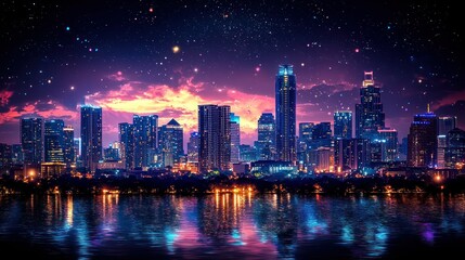 Fototapeta premium Night Cityscape under Starry Sky