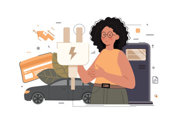 Green energy illustration. Character showing electric car and green circular economy benefits. Renewable energy concept. Vector illustration.
