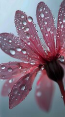 Fototapeta premium Delicate Pink Flower With Raindrops Captured in Soft Focus During Early Morning Light