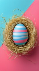 Fototapeta premium Festive Striped Egg Placed in a Rustic Nest Surrounded by Vibrant Colors