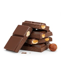 Fototapeta premium A stack of chocolate bars with hazelnuts and a single hazelnut on a white background close up shot