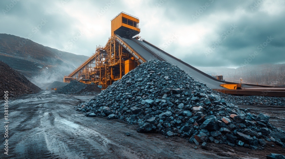 Poster mining crews utilize heavy machinery to extract valuable minerals at a large quarry site while manag