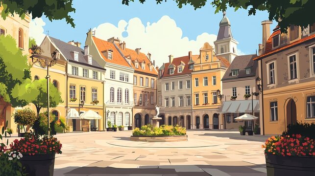 Sunny European Square with cafes