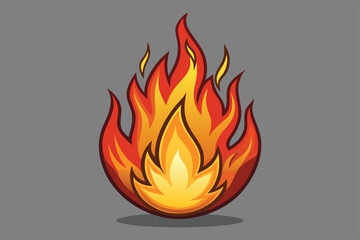 Cartoonish Flame Illustration, Fiery with Red and Yellow Tones on Grey