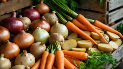 Carrots, potatoes, and onions - a collection of vegetables from the harvest.