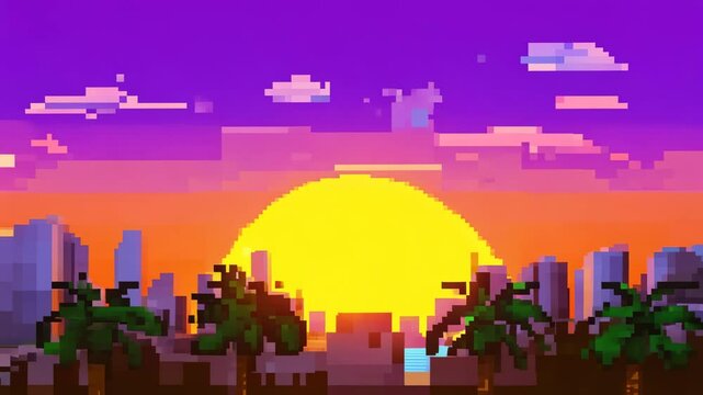 Pixel art landscape with palm trees and sunset over city skyline, retro 8 bit style tropical evening scene