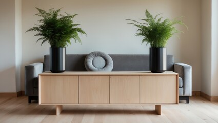 Modern Scandinavian home interior featuring a wooden commode, plants in black pots, a gray sofa, books, and personal accessories. Stylish home dÃ©cor with white walls.